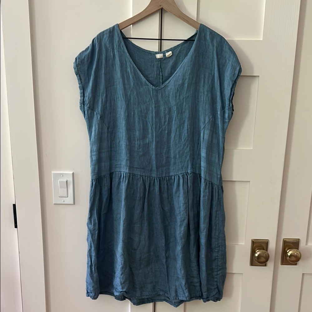 Becasa Blue Linen V-Neck Dress
